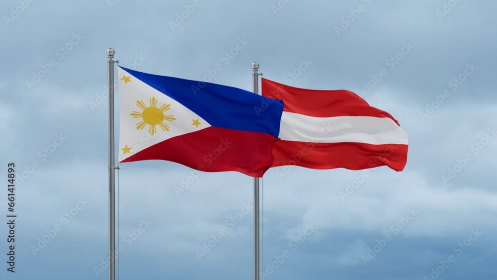 Austria flag and Philippines flag waving together on cloudy sky, endless seamless loop, two country relations concept Austria flag and Philippines flag waving together on cloudy sky, endless seamless loop, two country relations concept