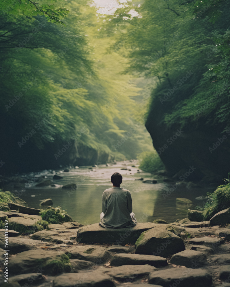 person meditating in a scenic spot, AI generated