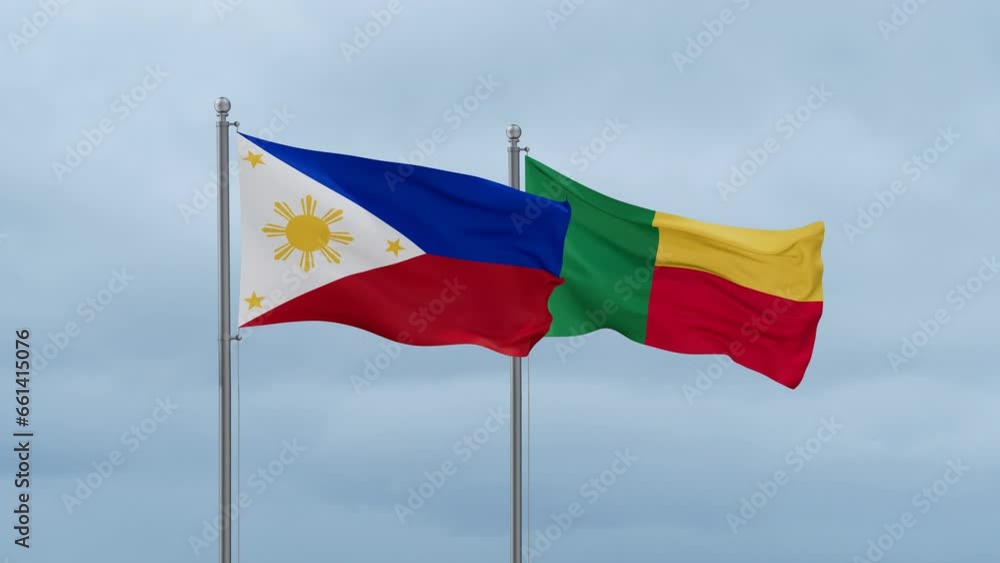 Philippines flag and Benin flag waving together on cloudy sky, endless seamless loop Philippines flag and Benin flag waving together on cloudy sky, endless seamless loop