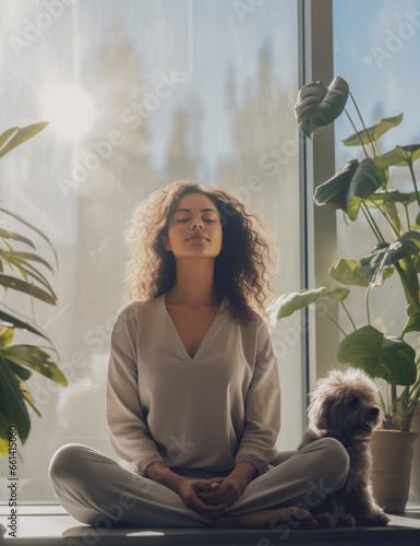 woman meditating in a living room, AI generated