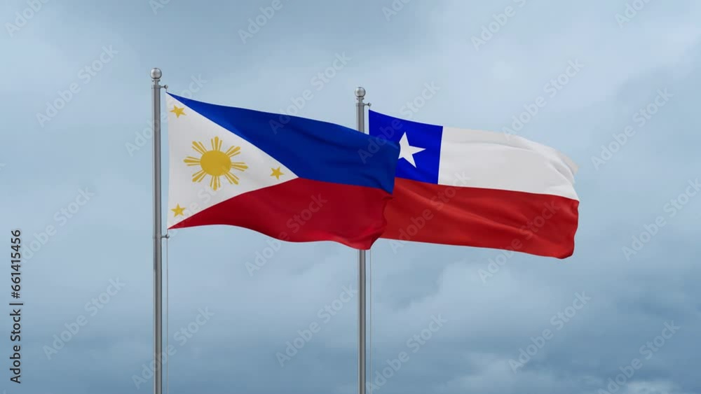 Chile flag and Philippines flag waving together on cloudy sky, endless seamless loop, two country relations concept Chile flag and Philippines flag waving together on cloudy sky, endless seamless loop, two country relations concept