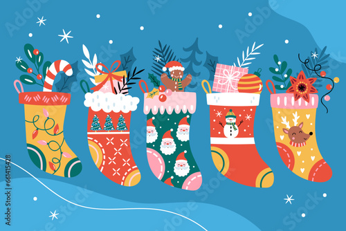 Christmas holiday cute sock set. Childish print for cards, stickers and party invitations. Vector illustration