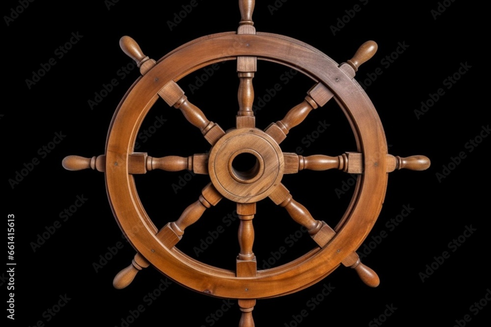 Isolated wooden ship wheel. Clipping paths. Generative AI