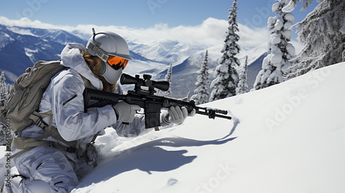 A biathlete taking precise aim at a target in the midst of a tranquil, snow-covered landscape photo