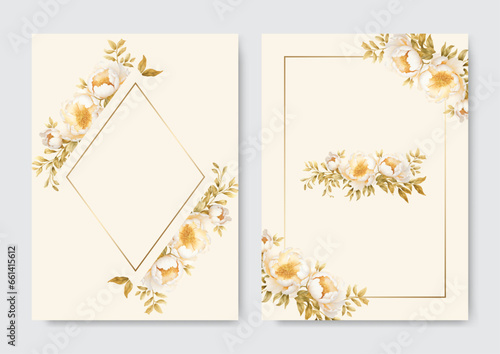 Wedding invitations in romantic style. Vector beautiful watercolor white peony flowers for elegant modern greeting cards.