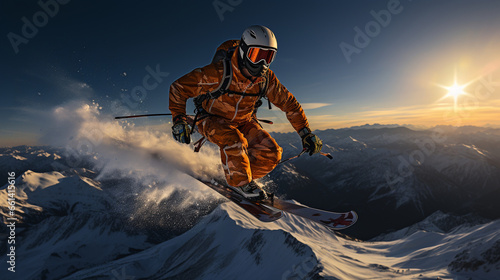 An alpine skier in mid-air, soaring over a mountain ridge against a brilliant blue sky © Наталья Евтехова
