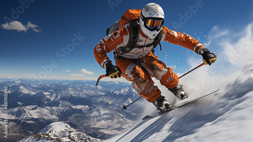 An alpine skier in mid-air, soaring over a mountain ridge against a brilliant blue sky