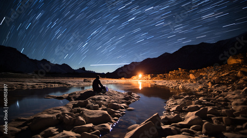 A speed skater leaning into a turn on a smoothly frozen river under a clear, starry night sky photo