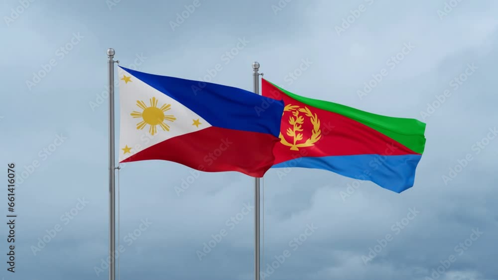 Eritrea and Philippines flag waving together on cloudy sky, endless seamless loop, two country cooperation concept Eritrea and Philippines flag waving together on cloudy sky, endless seamless loop, two country cooperation concept