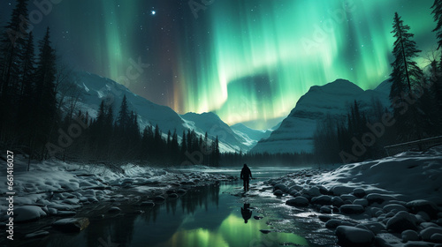 A snowshoer enjoying a peaceful trek under the glow of the northern lights in a remote winter landscape