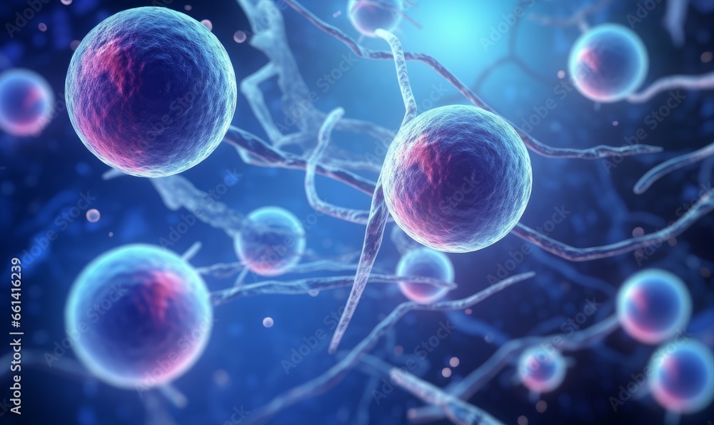 3d rendering of Human cell or Embryonic stem cell microscope background, Generative AI 3d rendering of Human cell or Embryonic stem cell microscope background, Generative AI