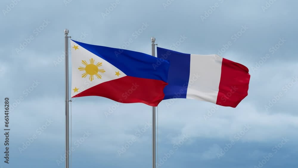 France and Philippines flags waving together on cloudy sky, endless seamless loop, two country relations concept France and Philippines flags waving together on cloudy sky, endless seamless loop, two country relations concept