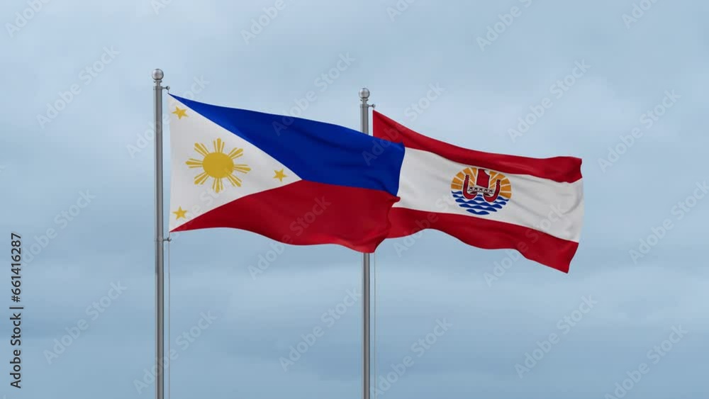 French Polynesia flag and Philippines flag waving together on cloudy sky, endless seamless loop, two country relations concept French Polynesia flag and Philippines flag waving together on cloudy sky, endless seamless loop, two country relations concept