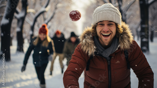 A cheerful snowball fight between friends in a stunning, snow-covered park surrounded by tall, snow-laden trees