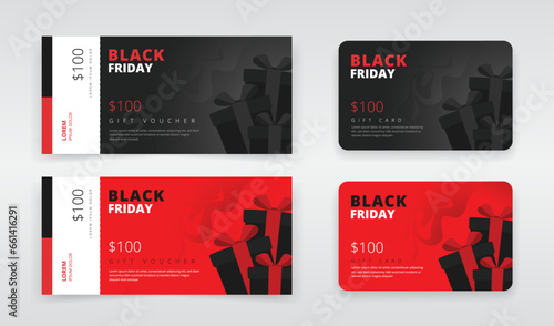 Gift voucher or gift card templates with a design of gift boxes. Can be utilized as regular or e-gift card. Suitable for black friday, seasonal or any other kind of sales promotion