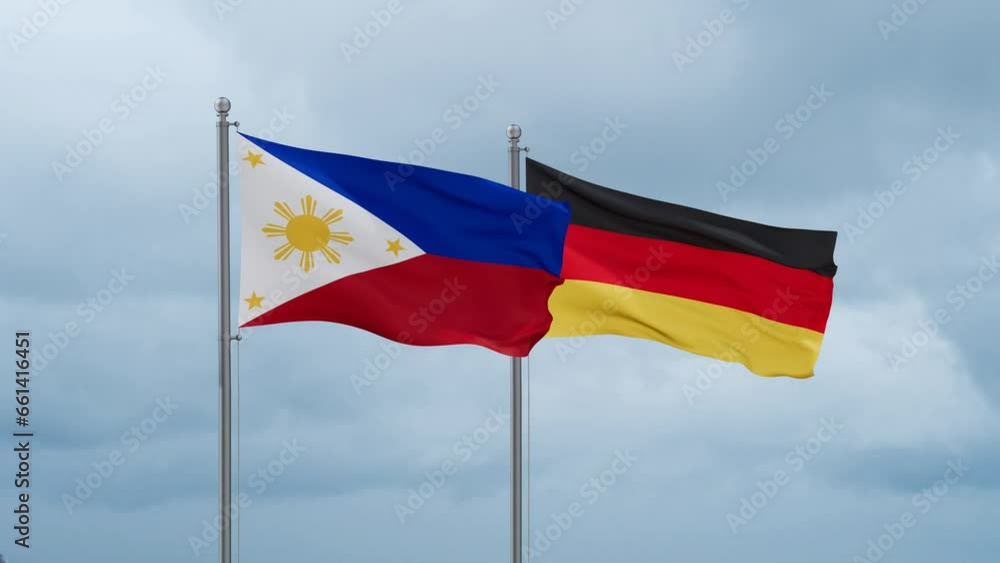 Germany flag and Philippines flag waving together on cloudy sky, endless seamless loop, two country relations concept Germany flag and Philippines flag waving together on cloudy sky, endless seamless loop, two country relations concept