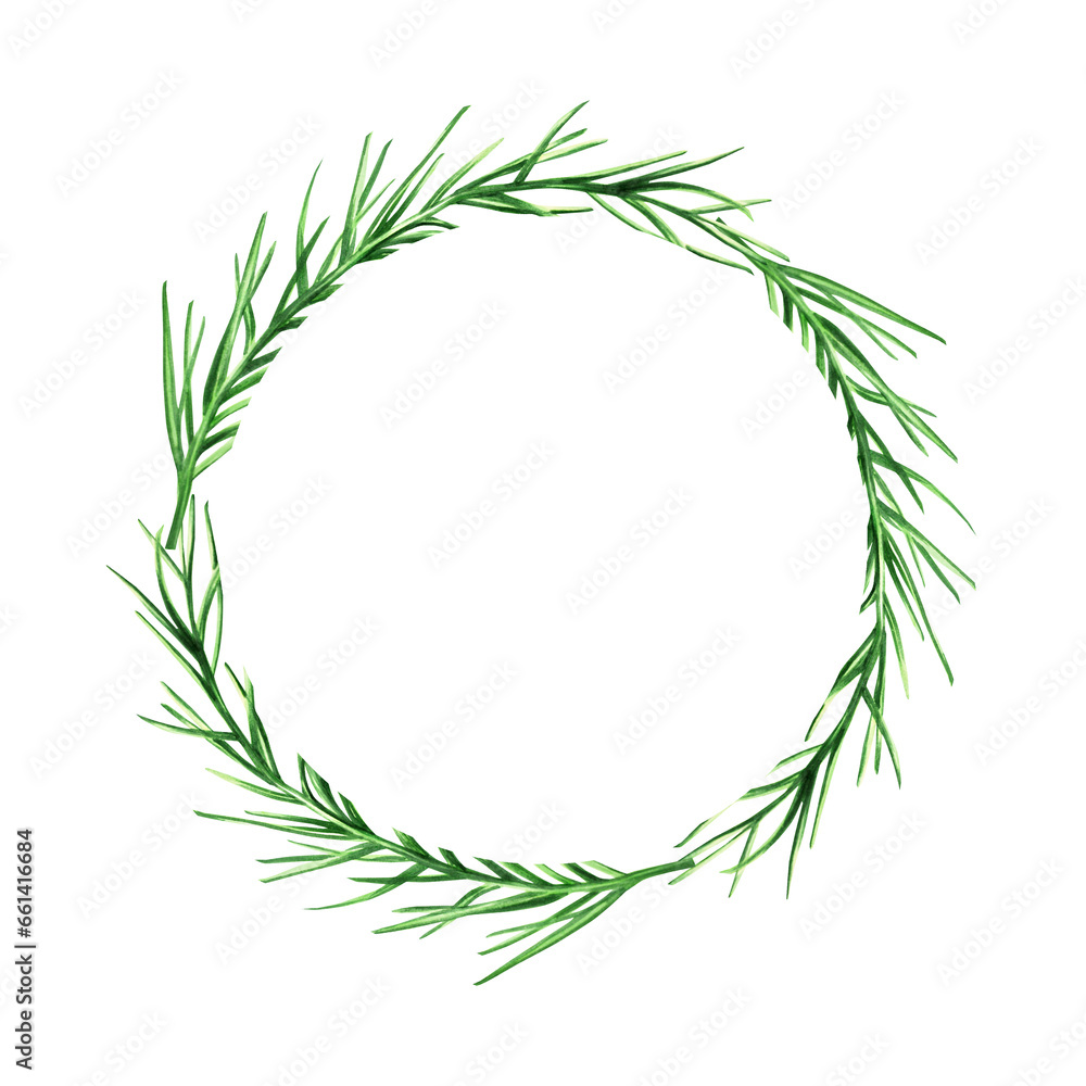 Fototapeta premium Watercolor frame with fresh rosemary isolated on background. Detail of beauty products and botany set, cosmetology and medicine. For designers, spa 
