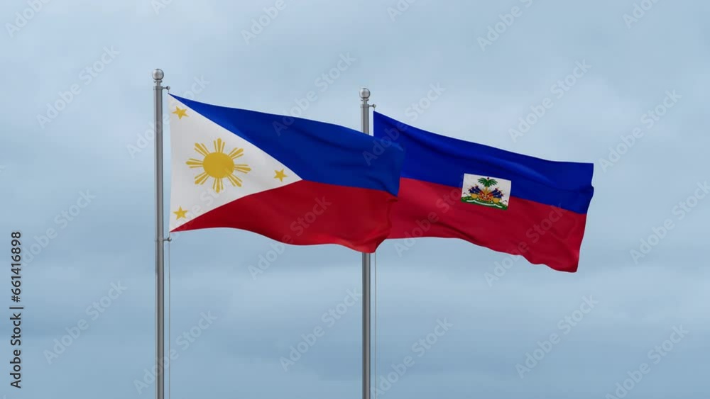 Haiti flag and Philippines flag waving together on cloudy sky, endless seamless loop, two country relations concept Haiti flag and Philippines flag waving together on cloudy sky, endless seamless loop, two country relations concept