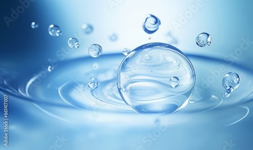 Cosmetic Essence, Liquid bubble, Molecule inside Liquid Bubble on water background, Generative AI