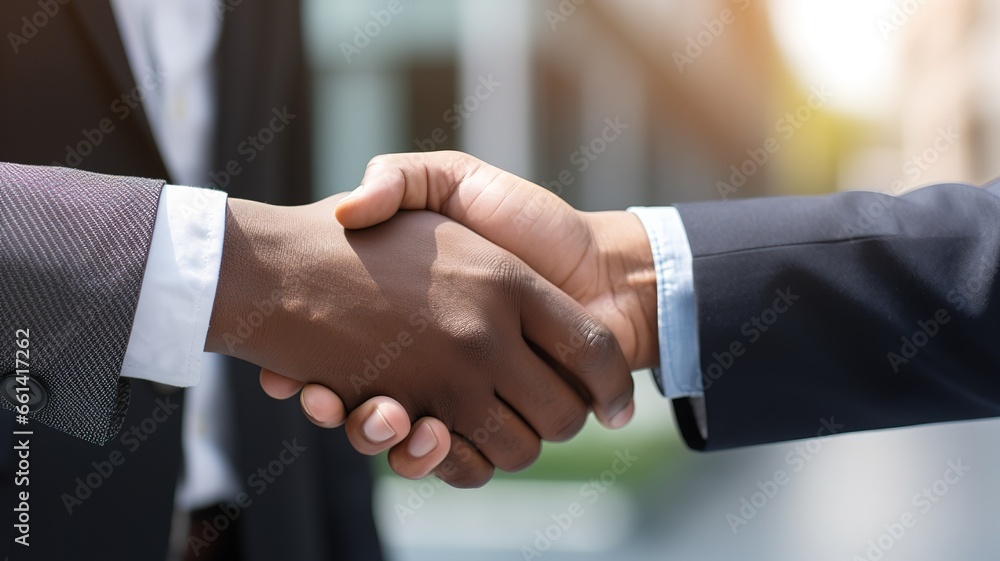 Handshake deal. close up Hands of businessman afro american and caucasian european. business meeting and teamwork background. AI.
