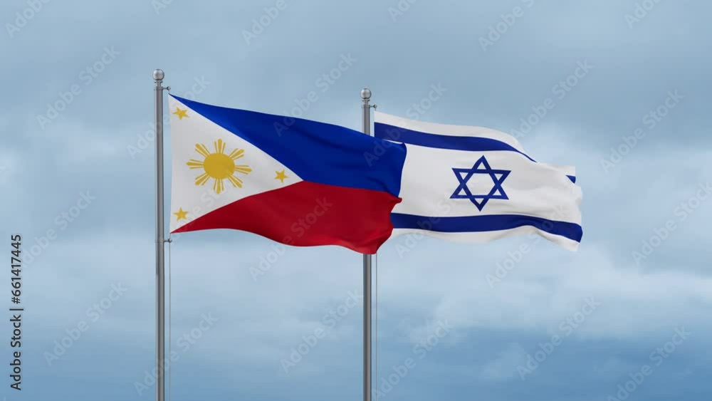 Israel flag and Philippines flag waving together on cloudy sky, endless seamless loop, two country relations concept Israel flag and Philippines flag waving together on cloudy sky, endless seamless loop, two country relations concept