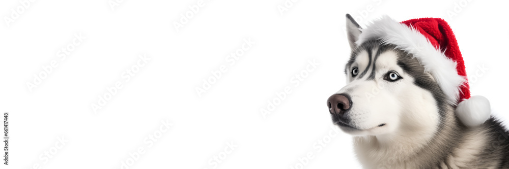 A dog in a Santa Claus hat. Big fluffy dog in a red Santa hat. New year or Christmas Long Banner with copy space. A dog in a Santa Claus hat. Big fluffy dog in a red Santa hat. New year or Christmas Long Banner with copy space.