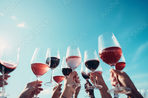 Friends celebrate red toasting holiday party beverage wine glasses group drink alcohol people photo