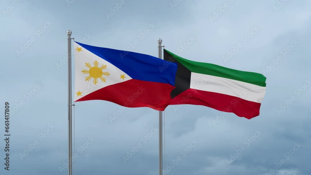 Kuwait and Philippines flag waving together on cloudy sky, endless seamless loop, two country cooperation concept Kuwait and Philippines flag waving together on cloudy sky, endless seamless loop, two country cooperation concept