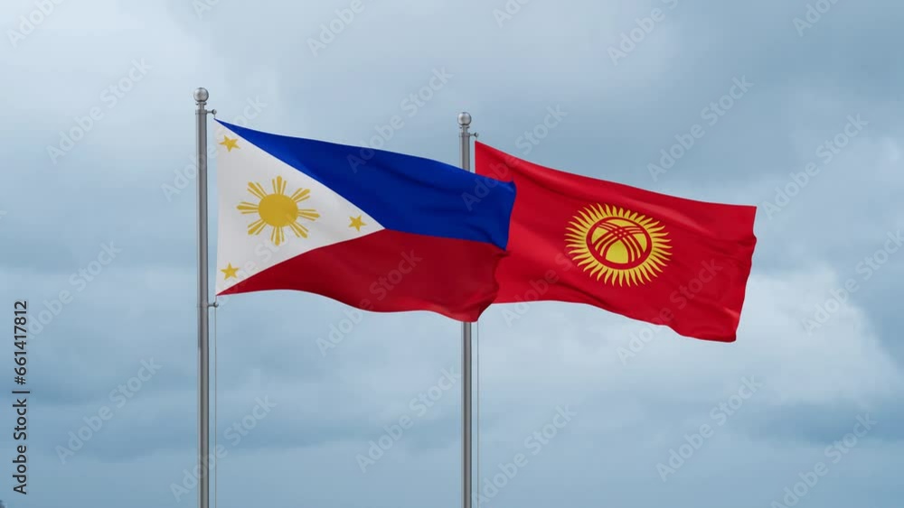 Kyrgyzstan flag and Philippines flag waving together on cloudy sky, endless seamless loop, two country relations concept Kyrgyzstan flag and Philippines flag waving together on cloudy sky, endless seamless loop, two country relations concept