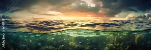 Long banner with underwater world and blue sky with clouds. Transparent deep water of the ocean or sea with rocks, fish and plants.