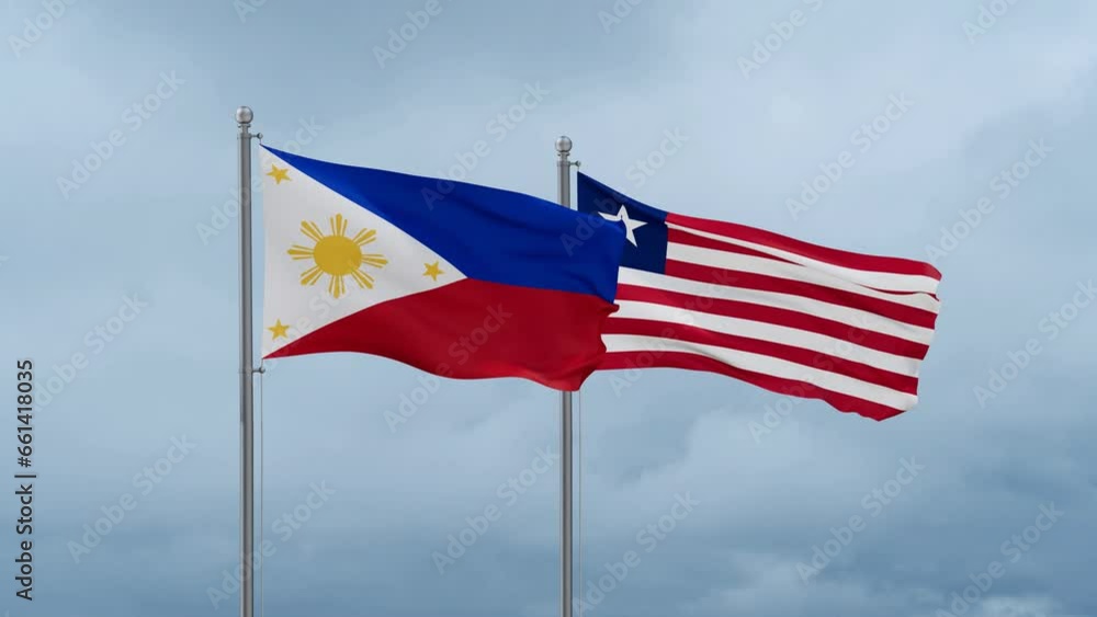 Liberia and Philippines flag waving together on cloudy sky, endless seamless loop, two country cooperation concept Liberia and Philippines flag waving together on cloudy sky, endless seamless loop, two country cooperation concept