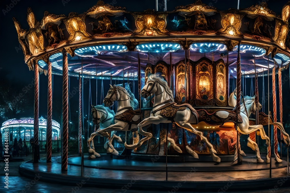 Carousel Merry-go-round in amusement park at a night cityCarousel Merry-go-round in amusement park at a night city    Intricately designed magical carousel with fantasy creatures Creating using, Carou