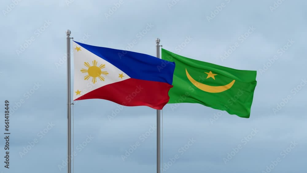 Mauritania flag and Philippines flag waving together on cloudy sky, endless seamless loop, two country relations concept Mauritania flag and Philippines flag waving together on cloudy sky, endless seamless loop, two country relations concept