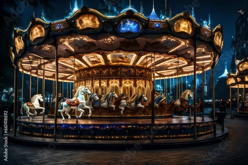 Carousel Merry-go-round in amusement park at a night cityCarousel Merry-go-round in amusement park at a night city Intricately designed magical carousel with fantasy creatures Creating using, Carou