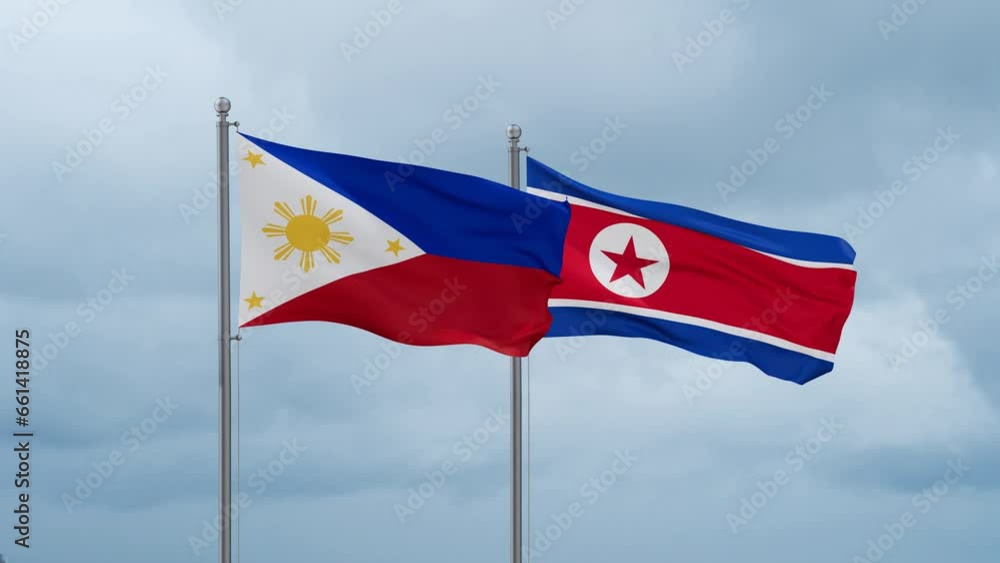 North Korea and Philippines flag waving together on cloudy sky, endless seamless loop North Korea and Philippines flag waving together on cloudy sky, endless seamless loop