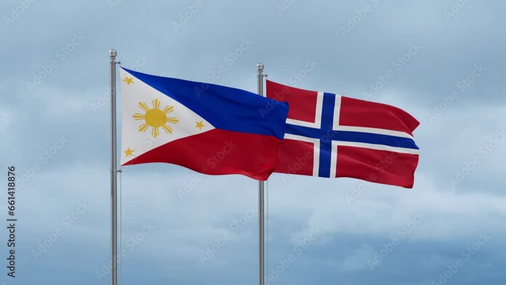 Norway flag and Philippines flag waving together on cloudy sky, endless seamless loop, two country relations concept Norway flag and Philippines flag waving together on cloudy sky, endless seamless loop, two country relations concept