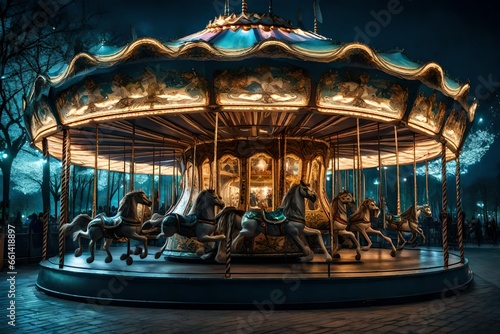 Carousel Merry-go-round in amusement park at a night cityCarousel Merry-go-round in amusement park at a night city    Intricately designed magical carousel with fantasy creatures Creating using  Carou