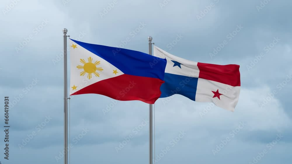 Panama flag and Philippines flag waving together on cloudy sky, endless seamless loop, two country relations concept Panama flag and Philippines flag waving together on cloudy sky, endless seamless loop, two country relations concept
