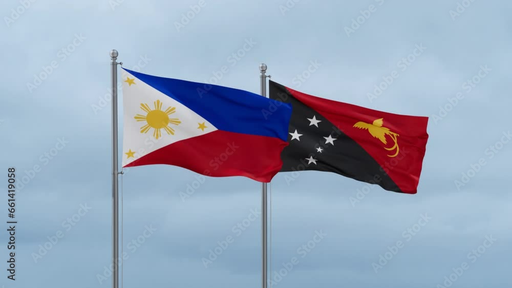 Papua New Guinea flag and Philippines flag waving together on cloudy sky, endless seamless loop, two country relations concept Papua New Guinea flag and Philippines flag waving together on cloudy sky, endless seamless loop, two country relations concept