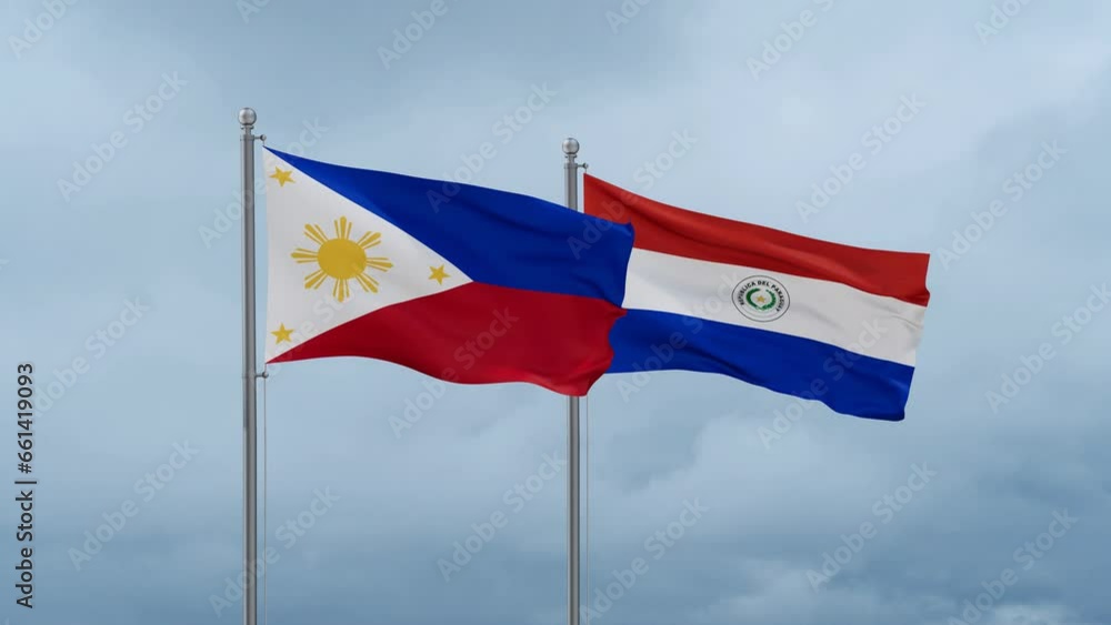 Paraguay flag and Philippines flag waving together on cloudy sky, endless seamless loop, two country relations concept Paraguay flag and Philippines flag waving together on cloudy sky, endless seamless loop, two country relations concept