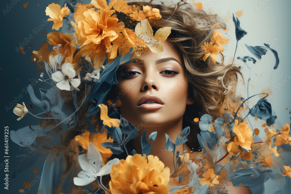 Woman goddess with flower wreath hairstyle. Abstract fantasy double exposure floral art Woman goddess with flower wreath hairstyle. Abstract fantasy double exposure floral art