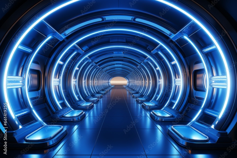 Obraz premium Futuristic sci-fi tunnel with neon lights and a sense of endless depth, Generative AI