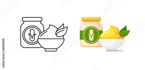 Baby food icons with corn puree in glass jar and bowl. Vector outline and colorful illustrations of healthy nutrition for infants in container with label. Kids food from organic vegetables in bottle