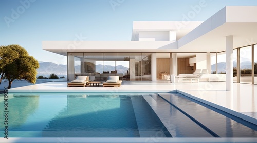 3d rendering of white modern house with marble terrace floor and swimming pool. © HN Works