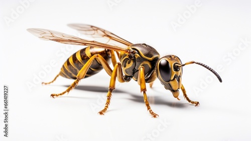 Macro close up of a golden wasp, an insect with gold wings isolated on a white background. Unusual wasp, exceptional creative design element,