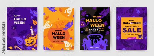 Halloween poster design with funny ghosts, bats, pumpkins. Template for greeting card, cover, sale banner, party invitation, flyer design, advertisement, social media background