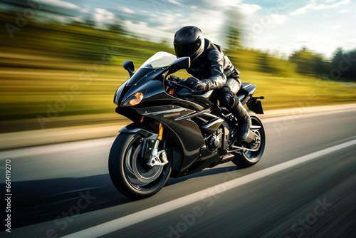 black motorbike rider at high speed along the highway, 3d rendering , AI generative 