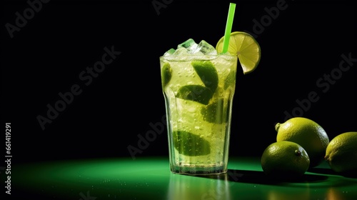Summer drink, cocktail or mocktail with lychee, lime juice and ice, dark green background, bright hard light and shadow pattern