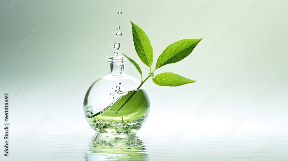 Herbal, alternative medicine, water drop falling down from a leaf to the bottle, isolated on white background with copy space