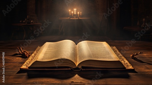 image of open antique book over wooden table